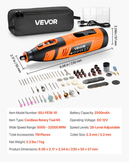 119-Piece Cordless Rotary Tool Kit, DC12V Portable Mini Power Rotary Tool, 28-Level Speed 5000-32000 RPM Multi-Purpose DIY Tools for Engraving, Sanding, Polishing, Carving, Cutting, DIY Crafts