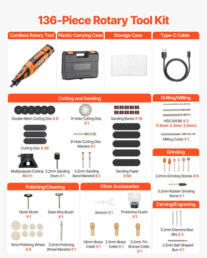136-Piece Cordless Rotary Tool Kit, DC8V Portable Mini Power Rotary Tool, 5 Speeds 5000-30000RPM Multi-Purpose DIY Tools for Engraving, Sanding, Polishing, Carving, Grinding, Cutting, DIY Craft