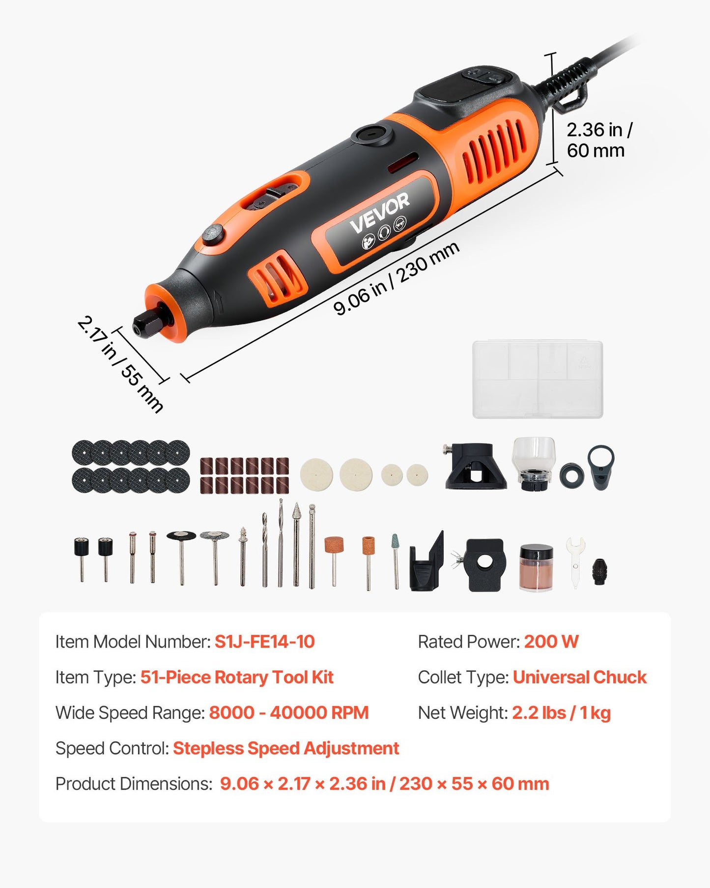 51-Piece Rotary Tool Kit, 200W Mini Power Rotary Tool Corded, 8000-40000RPM Multi-Purpose DIY Tools with Universal Chuck for Engraving, Sanding, Grinding, Polishing, Cutting, DIY Crafts
