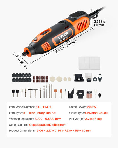 51-Piece Rotary Tool Kit, 200W Mini Power Rotary Tool Corded, 8000-40000RPM Multi-Purpose DIY Tools with Universal Chuck for Engraving, Sanding, Grinding, Polishing, Cutting, DIY Crafts
