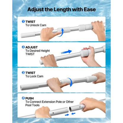 Poolstång, 1 till 4,6 m teleskopiska poolrengöringsstänger, professionell justerbar teleskopstång med 2 förlängningsstänger, kraftig rengöringsstav för skimmernät, borste, dammsugsmunstycke |  EU