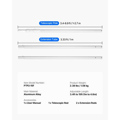 Poolstång, 1 till 4,6 m teleskopiska poolrengöringsstänger, professionell justerbar teleskopstång med 2 förlängningsstänger, kraftig rengöringsstav för skimmernät, borste, dammsugsmunstycke |  EU