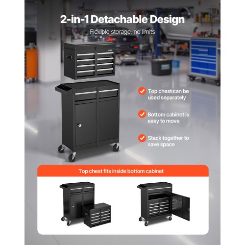 Rullande verktygslåda, 2-i-1-design, verktygsskåp med 5 lådor, avtagbar metallverktygslåda, låsstång, skyddande foder och verktygsställ, garageskåp för lager, verkstad |  EU