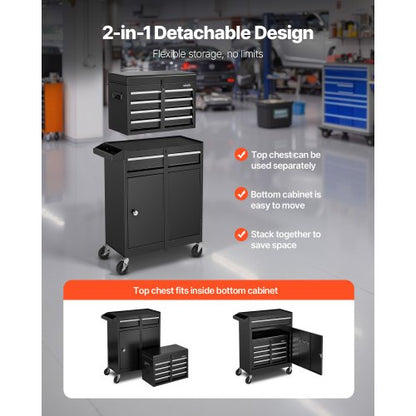 Rullande verktygslåda, 2-i-1-design, verktygsskåp med 5 lådor, avtagbar metallverktygslåda, låsstång, skyddande foder och verktygsställ, garageskåp för lager, verkstad |  EU