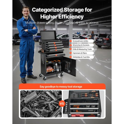 Rullande verktygslåda, 2-i-1-design, verktygsskåp med 5 lådor, avtagbar metallverktygslåda, låsstång, skyddande foder och verktygsställ, garageskåp för lager, verkstad |  EU