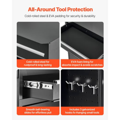 Rullande verktygslåda, 2-i-1-design, verktygsskåp med 5 lådor, avtagbar metallverktygslåda, låsstång, skyddande foder och verktygsställ, garageskåp för lager, verkstad |  EU