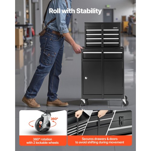 Rullande verktygslåda, 2-i-1-design, verktygsskåp med 5 lådor, avtagbar metallverktygslåda, låsstång, skyddande foder och verktygsställ, garageskåp för lager, verkstad |  EU
