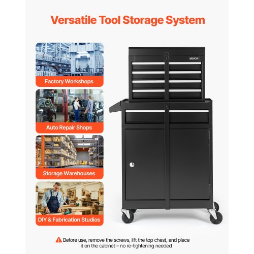 Rullande verktygslåda, 2-i-1-design, verktygsskåp med 5 lådor, avtagbar metallverktygslåda, låsstång, skyddande foder och verktygsställ, garageskåp för lager, verkstad |  EU