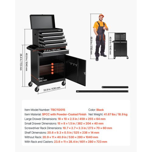 Rullande verktygslåda, 2-i-1-design, verktygsskåp med 5 lådor, avtagbar metallverktygslåda, låsstång, skyddande foder och verktygsställ, garageskåp för lager, verkstad |  EU