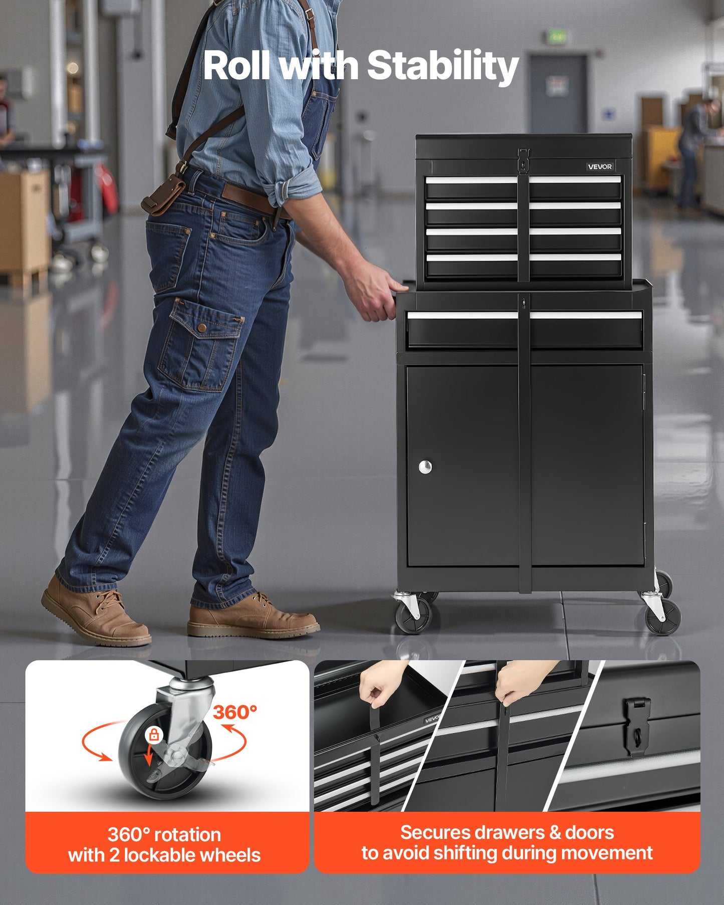 Rolling Tool Chest, 2-in-1 Design, 5 Drawers Tool Cabinet Organizer with Detachable Top Metal Toolbox, Lock Bar, Protective Liner, and Tools Rack, Garage Storage Cabinet for Warehouse, Workshop