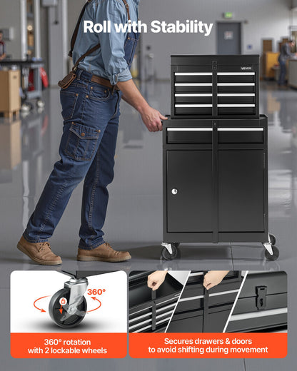 Rolling Tool Chest, 2-in-1 Design, 5 Drawers Tool Cabinet Organizer with Detachable Top Metal Toolbox, Lock Bar, Protective Liner, and Tools Rack, Garage Storage Cabinet for Warehouse, Workshop