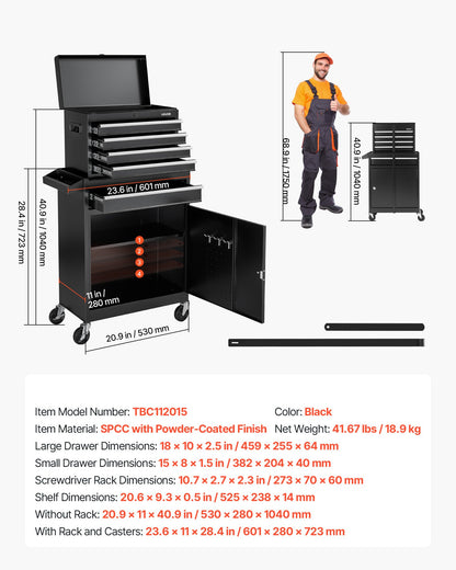 Rolling Tool Chest, 2-in-1 Design, 5 Drawers Tool Cabinet Organizer with Detachable Top Metal Toolbox, Lock Bar, Protective Liner, and Tools Rack, Garage Storage Cabinet for Warehouse, Workshop