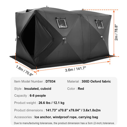 6-8 personer Ourdoor Portable Ice Shelter Pop-Up Ice Fishing Shanty Tält