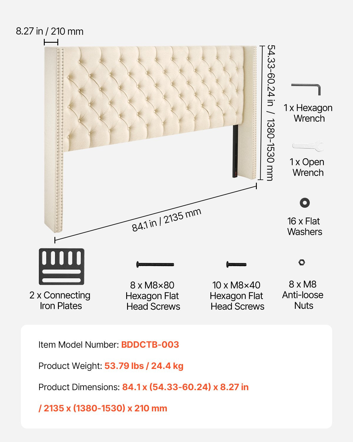 Headboard, King Size Headboard with Adjustable Height, Comfortable Diamond Tufted for King Size Bed, W84.1 x H (54.33-60.24) x D 8.27 in, Ideal for Bedroom, Hotel, Homestay, Dormitory, Cream
