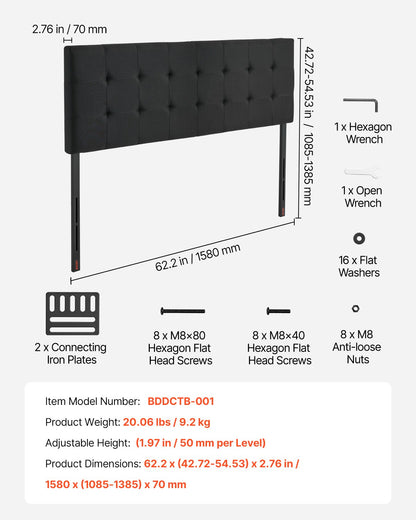 Headboard, Queen Size Headboard with Adjustable Height, Comfortable Diamond Tufted for Queen Size Bed, W62.2 x H(42.72-54.53) x D2.76 in, Ideal for Bedroom, Hotel, Homestay, Dormitory, Black