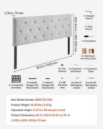 Headboard, Full Size Headboard with Adjustable Height, Comfortable Diamond Tufted for Full Size Bed, W 56.3 x H（35.6-47.4）inches, Ideal for Bedroom, Hotel, Homestay, Dormitory, Light Grey
