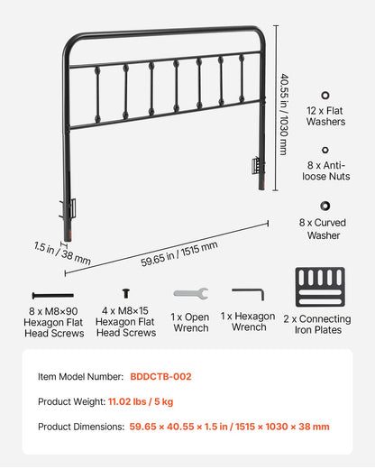 Metal Headboard, Queen Size Headboard with Adjustable Height, Metal Headboard for Queen Size Bed, W59.65 x H40.55 x D1.5 inches, Ideal for Bedroom, Hotel, Homestay, Dormitory, Black
