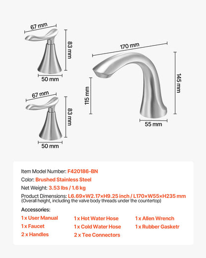 Roman Tub Faucet, 3 Hole Waterfall Bathtub Faucet, Gooseneck Bath Tubs Faucets Set with 2 Handles, Deck Mount Bath Tub Faucets Set for Pet Washing, Adult Bathing, Brushed Stainless Steel