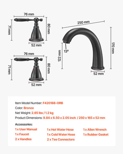 Roman Tub Faucet, 3 Hole Waterfall Bathtub Faucet, Gooseneck Bath Tubs Faucets Set with 2 Handles, Roman Tub Faucets Deck Mount for Pet Washing, Adult Bathing, Bronze, Temperature Control