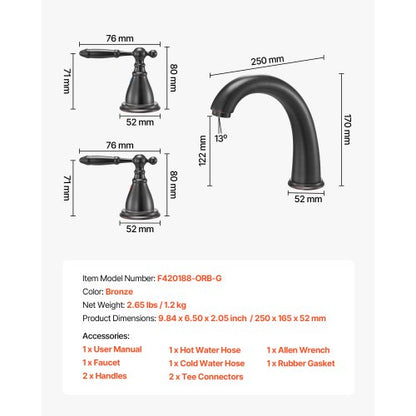 romersk badkarsblandare, badkarsblandare med svanhals och 2 handtag, romerska badkarsblandare för däckmontering för babyvård, vuxenbad, badkarsblandare med 3 hål och vattenfall, brons, design med hög båge |  EU