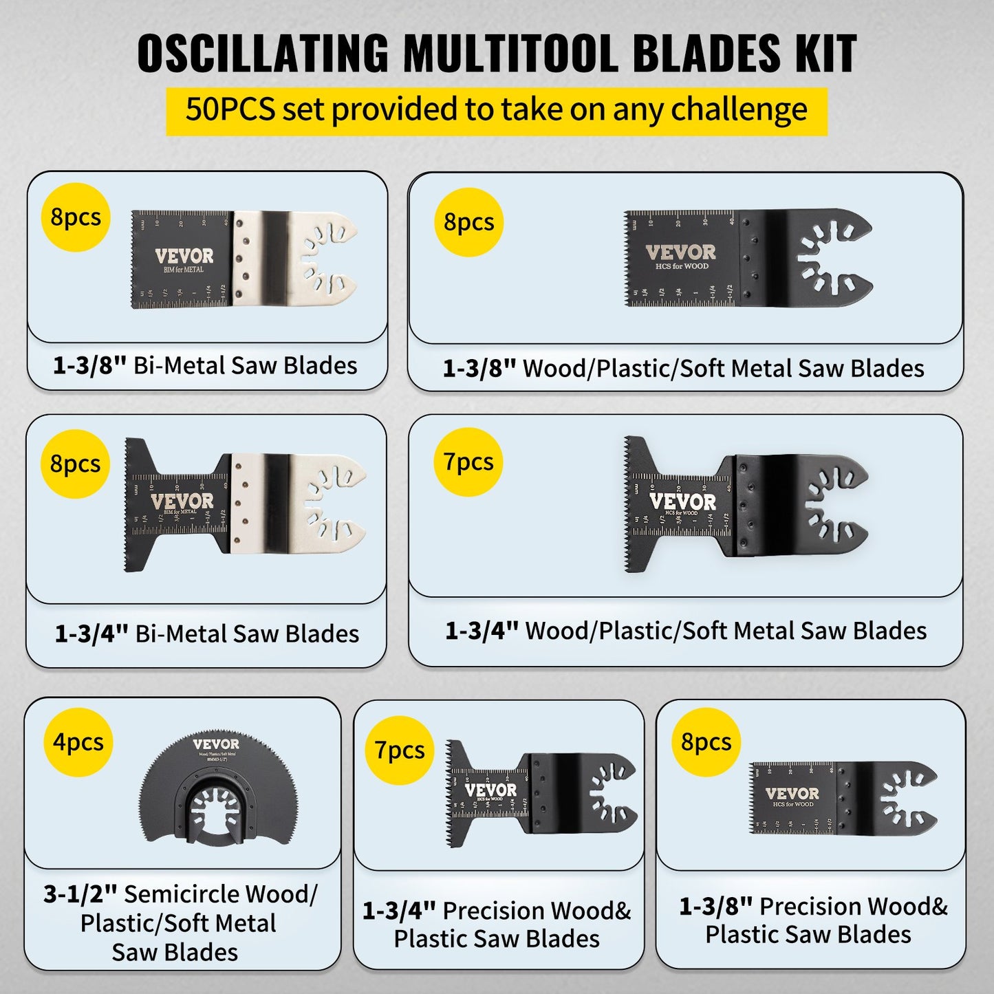 50 PCS Oscillating Saw Blades, Quick Release Multitool Blades Kit, HCS Tool Blades for Wood Plastic Metal Nails Bolts, Compatible with Dewalt Dremel Fein Worx Bosch Makita Milwaukee