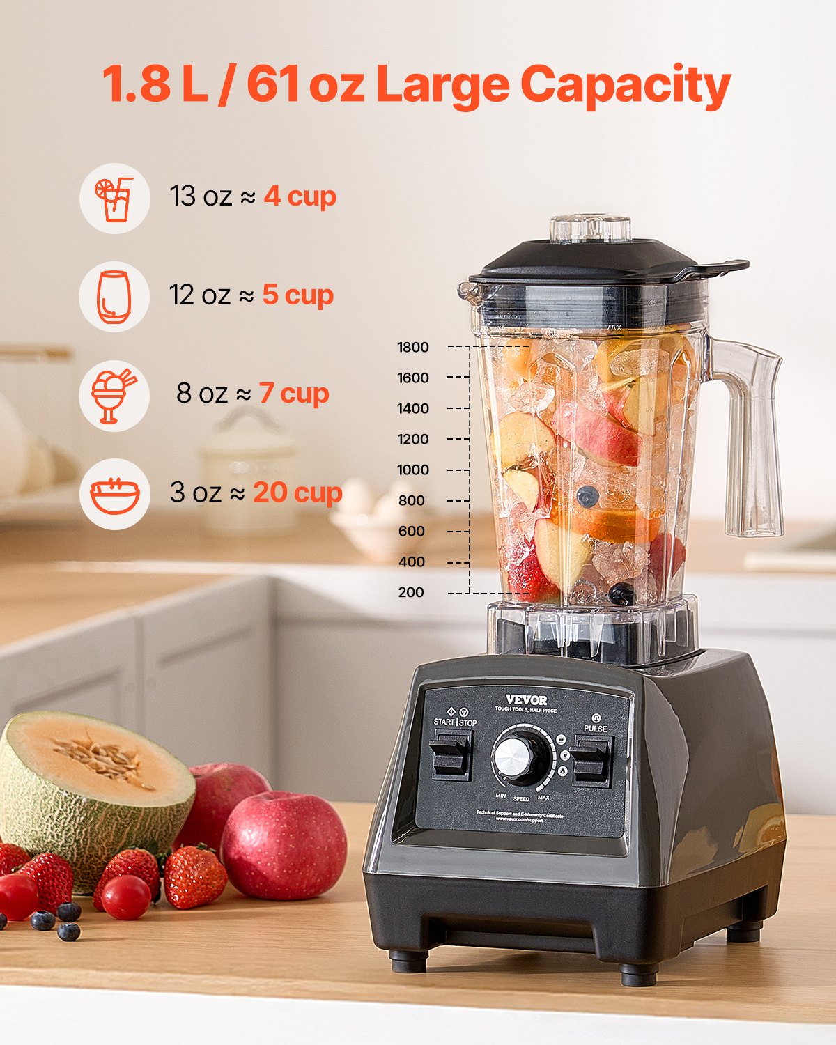Blender for Smoothies, 61 oz 1400W, Professional Blender with Powerful Motor, Multi-Functional Food Processing Blender with 2 Cups for Smoothie/Milkshake/Juice, Fits for Kitchen