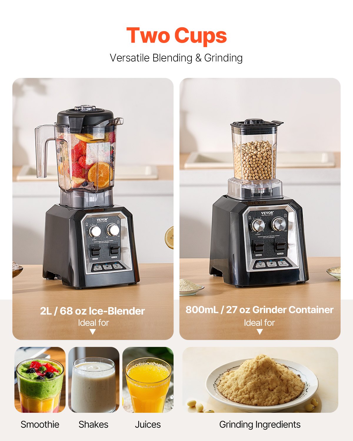 Blender for Smoothies, 68 oz 1400W, Professional Blender with Powerful Motor, Multi-Functional Food Processing Blender with Grinder Container for Smoothie/Milkshake/Juice, Fits for Kitchen