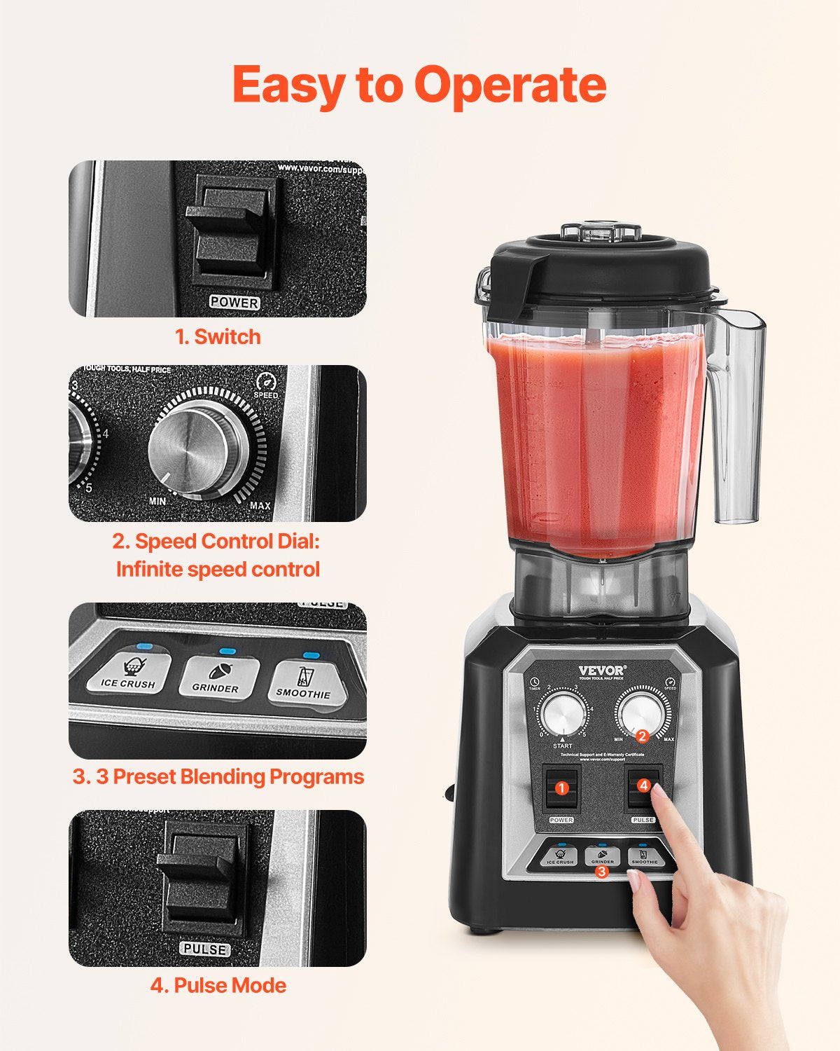 Blender for Smoothies, 68 oz 1400W, Professional Blender with Powerful Motor, Multi-Functional Food Processing Blender with Grinder Container for Smoothie/Milkshake/Juice, Fits for Kitchen