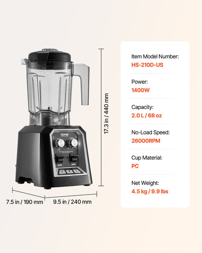 Blender for Smoothies, 68 oz 1400W, Professional Blender with Powerful Motor, Multi-Functional Food Processing Blender with Grinder Container for Smoothie/Milkshake/Juice, Fits for Kitchen