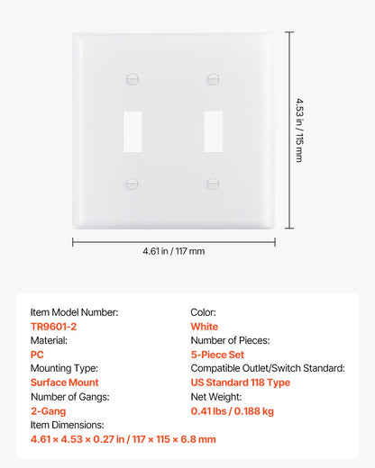 Toggle Light Switch Wall Plates, 2-Gang Switch Electrical Outlet Covers, Standard Size 4.61in L x 4.53in H Unbreakable Polycarbonate Thermoplastic Faceplate for Receptacle Outlet&Switch(5 Pack, White)