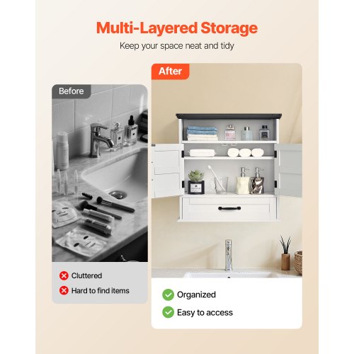Badrumsväggskåp, 2 dörrar och justerbar hylla, Förvaring över toaletten Medicinskåp Väggmonterat, Hängande Organiserare med Låda och Öppen Skiljevägg för Tvättstuga Kök Toalett, Vit |  EU