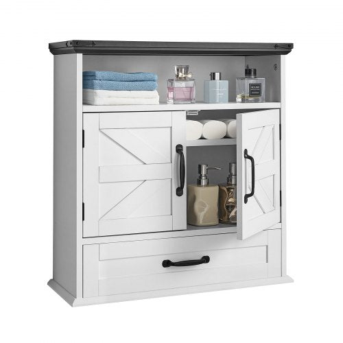 Badrumsväggskåp, 2 dörrar och justerbar hylla, Förvaring över toaletten Medicinskåp Väggmonterat, Hängande Organiserare med Låda och Öppen Skiljevägg för Tvättstuga Kök Toalett, Vit |  EU