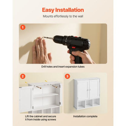 Badrumsväggskåp, 2 dörrar och justerbar hylla, Förvaring över toaletten Medicinskåp Väggmonterad, Hängande Organiserare med Hyllor och Öppen Skiljevägg för Tvättstuga Kök Toalett, Vit |  EU