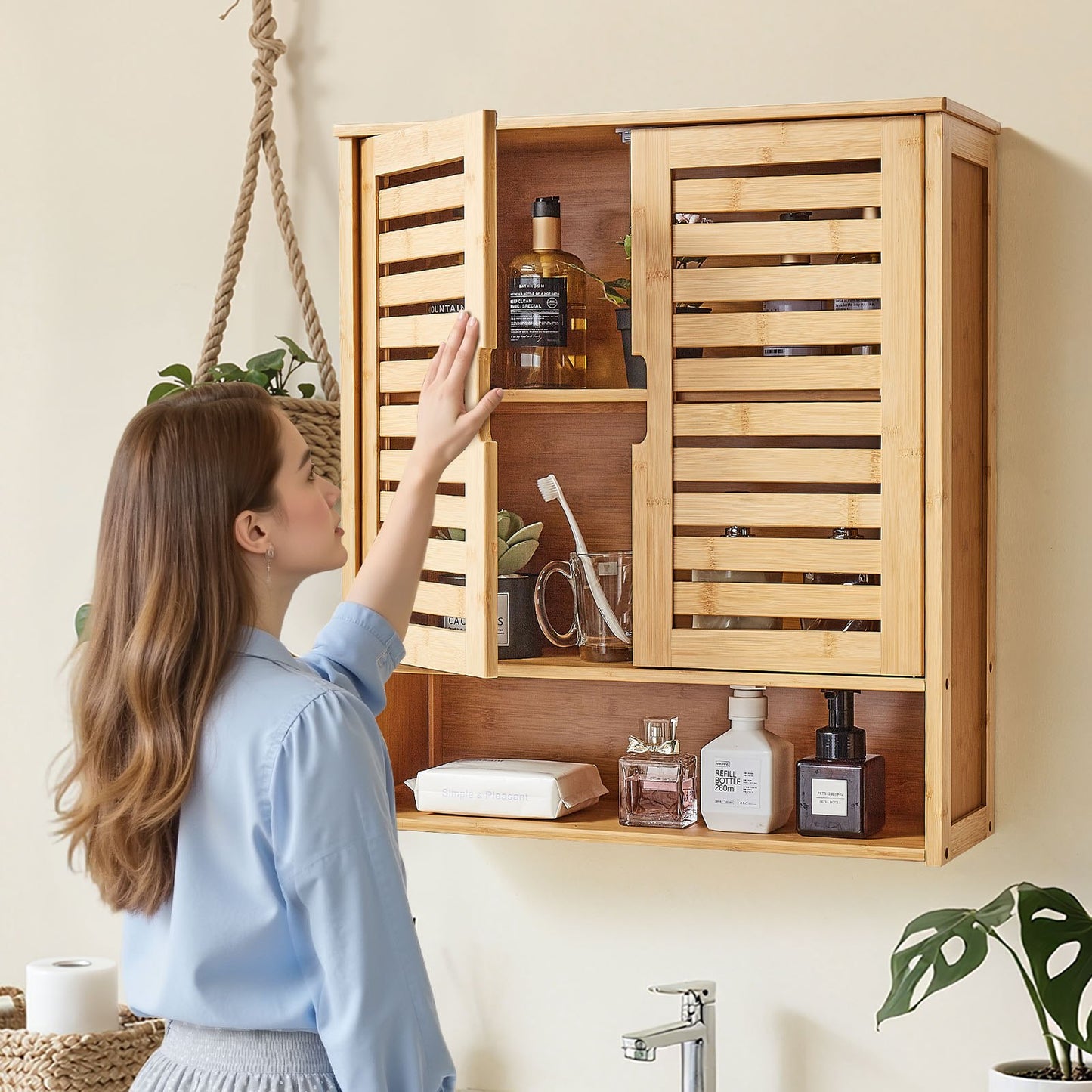 Bathroom Wall Cabinet, 2 Doors and Adjustable Shelf, Over the Toilet Storage Medicine Cabinet Wall Mounted, Hanging Organizer with Shelves and Open Partition for Laundry Room Kitchen Restroom