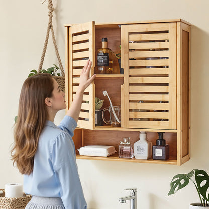 Bathroom Wall Cabinet, 2 Doors and Adjustable Shelf, Over the Toilet Storage Medicine Cabinet Wall Mounted, Hanging Organizer with Shelves and Open Partition for Laundry Room Kitchen Restroom