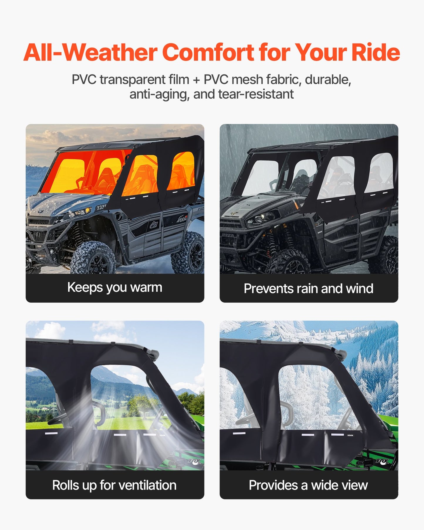 Cab Enclosure Upper Doors, Compatible with Kawasaki Teryx4 2012-2022, Soft Upper Doors, Windproof & Waterproof Upgraded Zipper UTV Soft Side Window Kit, Work with Roof and Partial Windshields