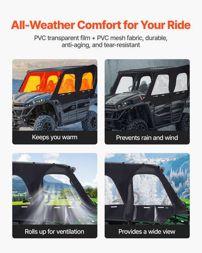 Cab Enclosure Upper Doors, Compatible with Kawasaki Teryx4 2012-2022, Soft Upper Doors, Windproof & Waterproof Upgraded Zipper UTV Soft Side Window Kit, Work with Roof and Partial Windshields