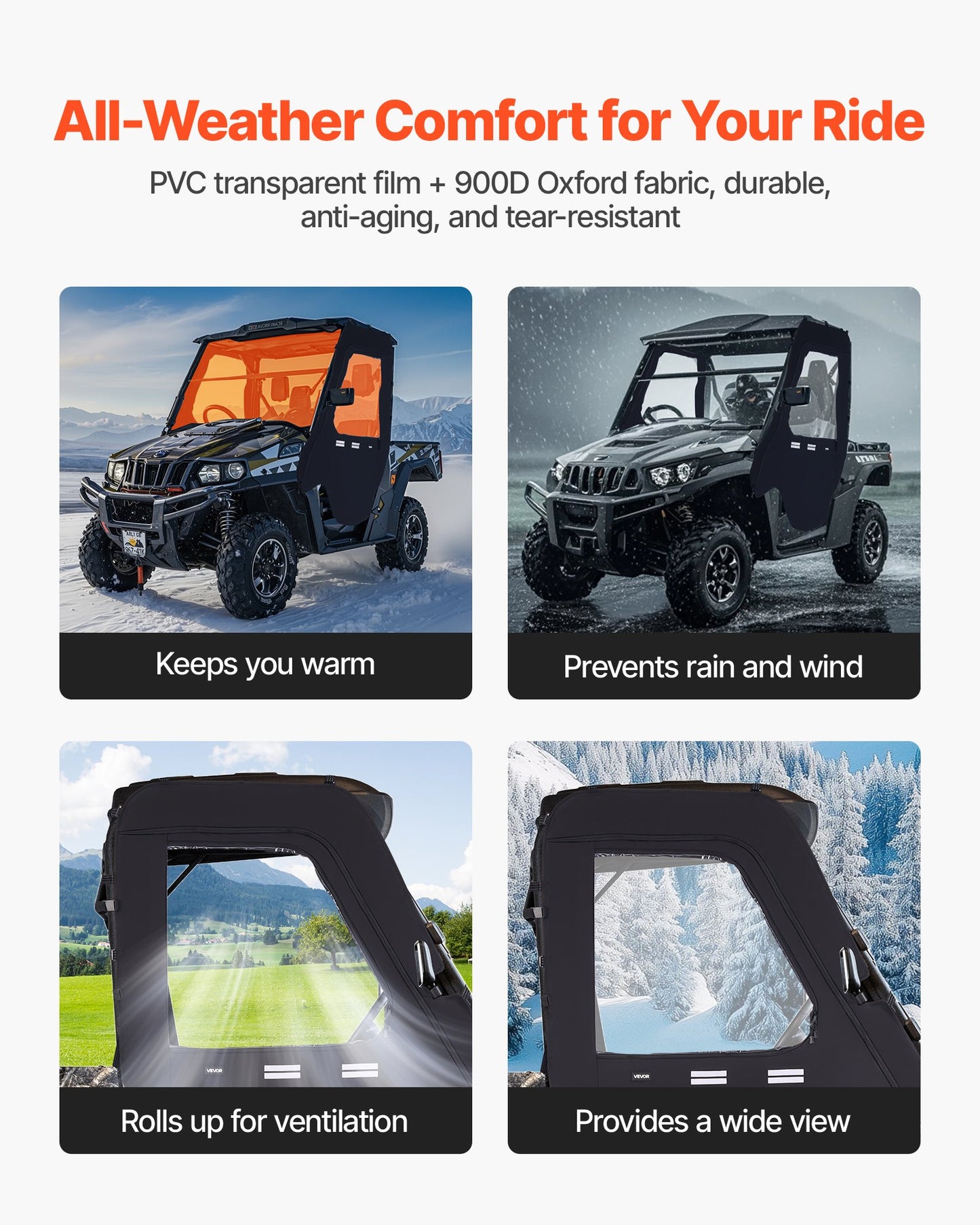 Cab Enclosure Upper Doors, Compatible with Hisun 500 700/Axis 500 700, Soft Upper Doors, Windproof & Waterproof Upgraded Zipper UTV Soft Side Window Kit, Work with Side Mirrors and Windshields