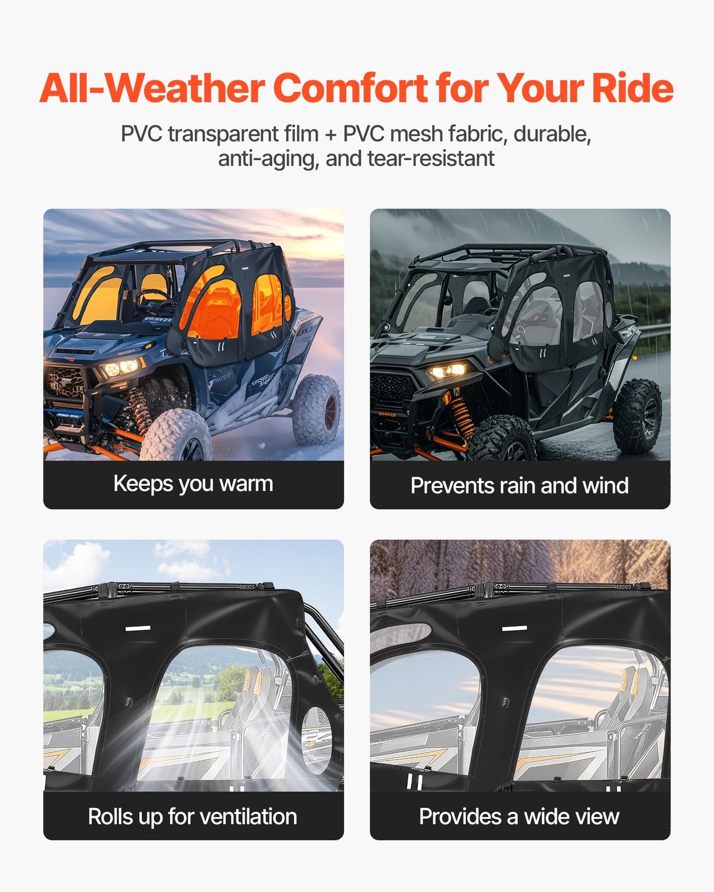 Cab Enclosure Upper Doors, Compatible with Polaris RZR XP4 1000/Turbo 2014-2023, Soft Upper Doors, Windproof Upgraded Zipper UTV Soft Side Window Kit, Work with Side Mirrors and Windshields