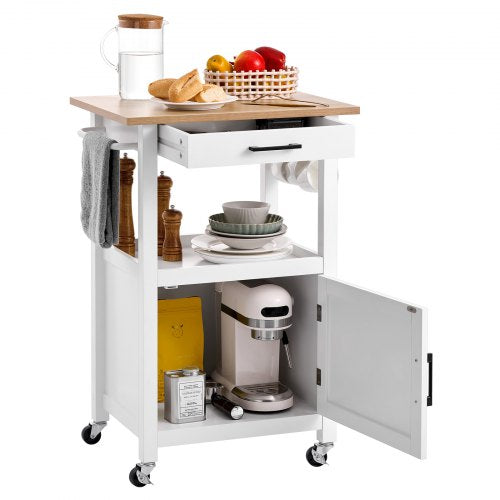 Kitchen Island Cart with Single Door Cabinet, Mobile Carts with Drawer, Towel Rack, Hooks, Portable Table on Swivel Wheels, Small Coffee Islands Microwave Stand for Dining Room, 18x23 in, White