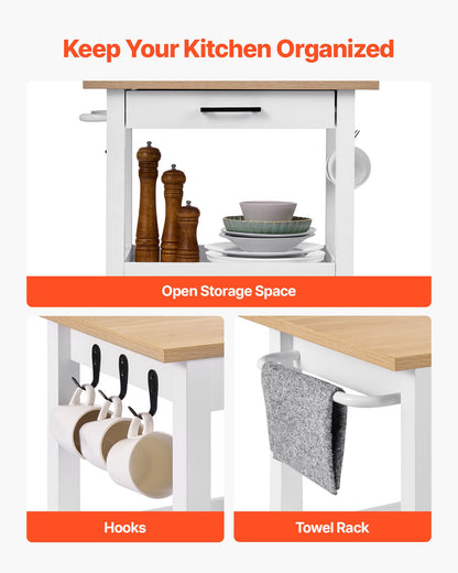 Kitchen Island Cart with Single Door Cabinet, Mobile Carts with Drawer, Towel Rack, Hooks, Portable Table on Swivel Wheels, Small Coffee Islands Microwave Stand for Dining Room, 18x23 in, White