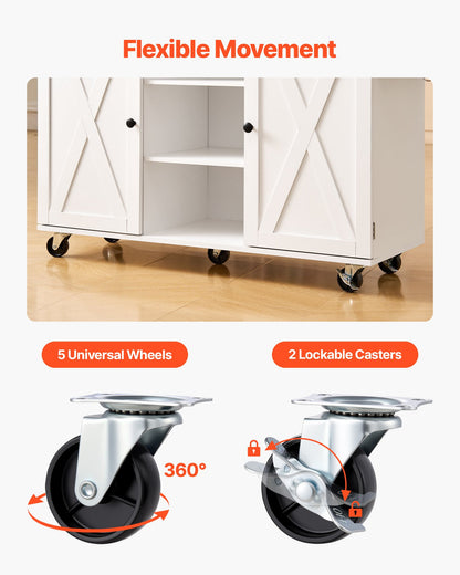 Kitchen Island Cart, with Solid Wood Top and Storage Cabinet, Mobile Rolling Table with Drop Leaf, Drawers, Spice Towel Rack, Portable Islands on Swivel Wheels for Dining Room, 52in Width, White