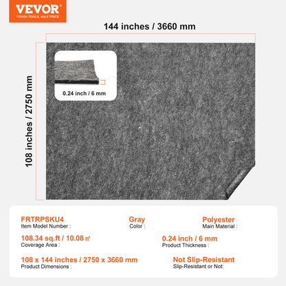 Rug Pad Without Slip Resistance, Protective Cushioning Carpet Pad, 9' x 12', 1/4"Thick, 100% Pure Polyester Felt, 10-11㎡ Premium Comfort Underfoot Carpet Padding Rug Cushion for All Floors, Gray