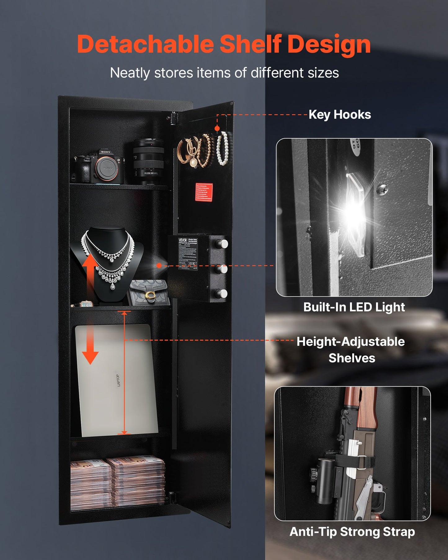 Wall Safe, 4-Tier Hidden Wall Mounted Gun Safe with Password & Key, Q235 Cold-Rolled Steel In-Wall Box with LED Lighting, 3 Adjustable Shelves & Key Holders for Money, Jewelry, Passport, Black