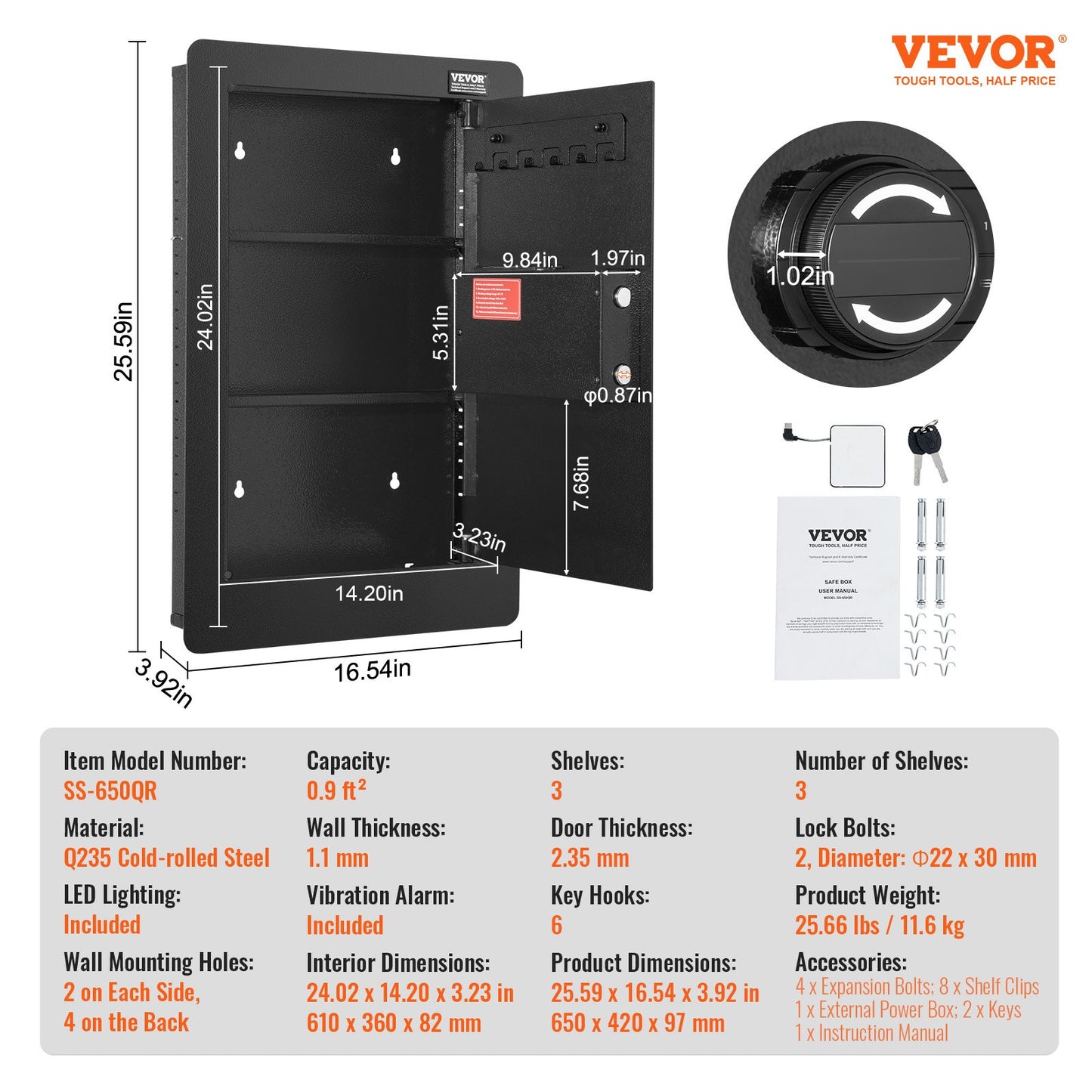 25.59" Tall Wall Safe, 3-Tier Hidden Wall Safe with Keypad, 3 Removable Shelves & 6 Key Holders, Q235 Cold-Rolled Steel In Wall Safe with LED Light & Vibration Alarm for Money, Jewelry, Passport