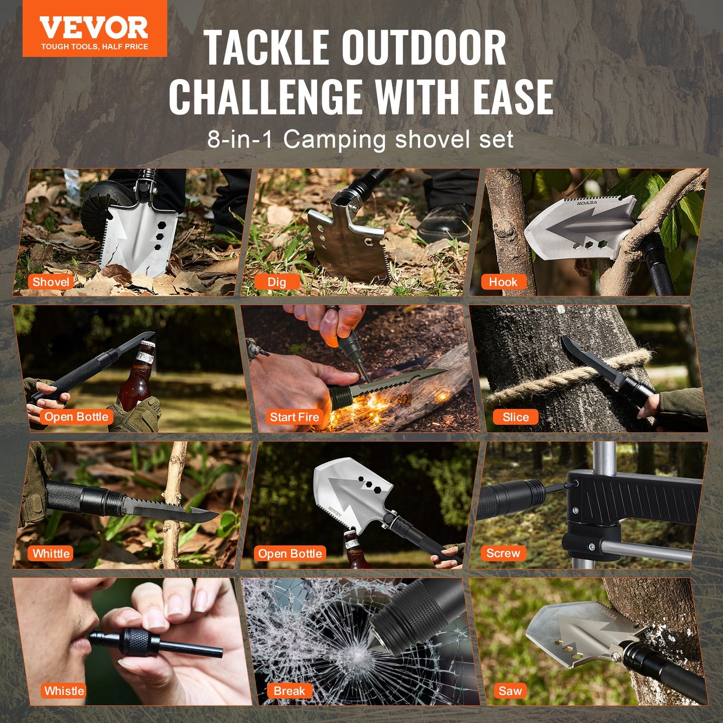 Survival Shovel 8 i 1 Camping Shovel Folding Multitool Portable Compact