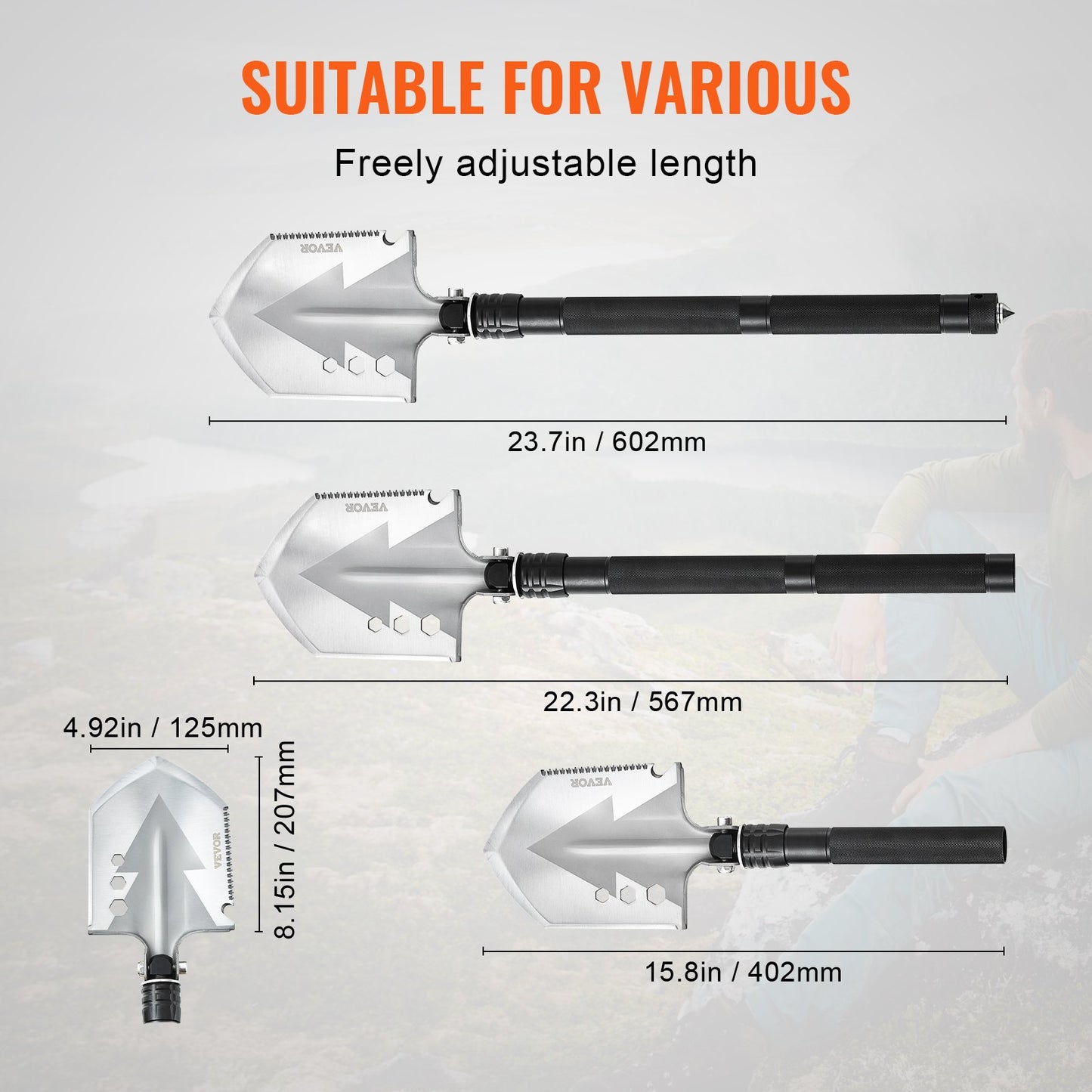 Survival Shovel, 8 in 1 Camping Shovel Folding Multitool, Military Grade Portable Compact Tactical Shovel, Multifunction for Off-Roading, Camping, Hiking, Outdoor, Survivalist and Emergency