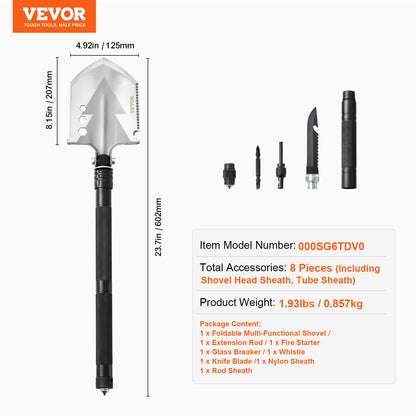 Survival Shovel, 8 in 1 Camping Shovel Folding Multitool, Military Grade Portable Compact Tactical Shovel, Multifunction for Off-Roading, Camping, Hiking, Outdoor, Survivalist and Emergency