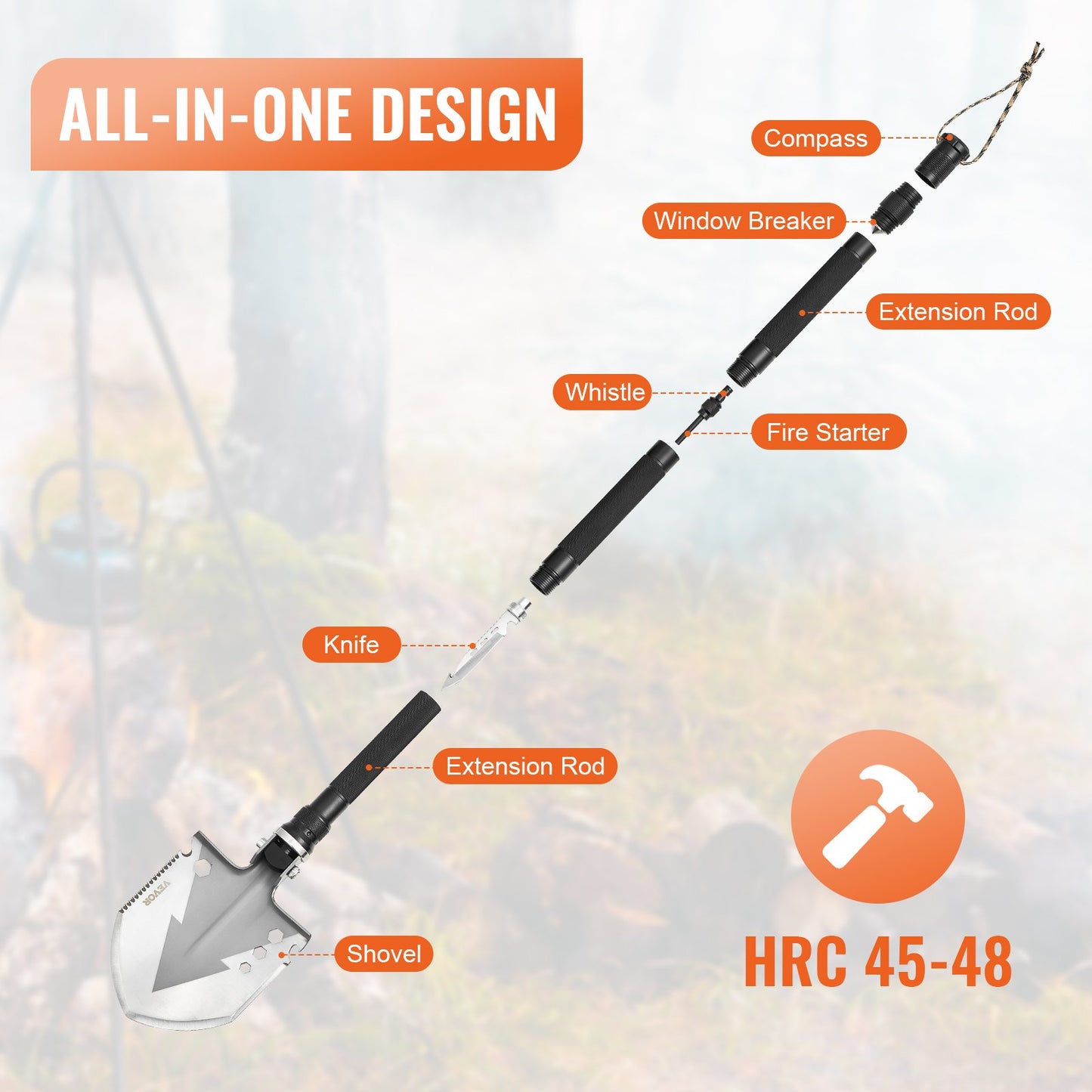 Survival Shovel 11 i 1 Camping Shovel Folding Multitool Portable Compact