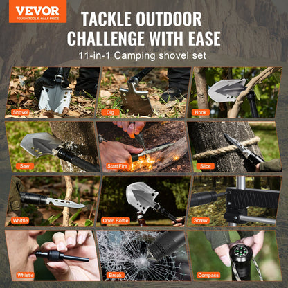 Survival Shovel, 11 in 1 Camping Shovel Folding Multitool, Military Grade Portable Compact Tactical Shovel, Multifunction for Off-Roading, Camping, Hiking, Outdoor, Survivalist and Emergency